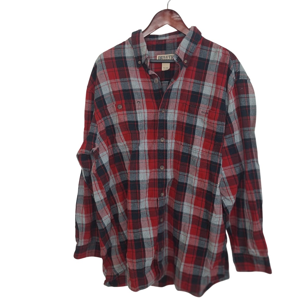 Duluth Trading Co Flannel Shirt Mens XL Tall Red Black Gray Plaid Long Sleeve